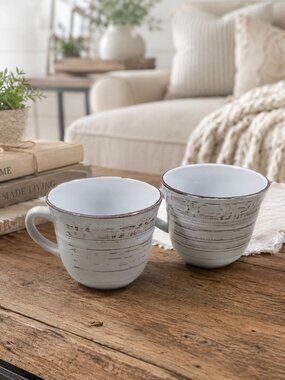 Pfaltzgraff Trellis White Coffee Mugs Set of 2 Farmhouse Cottage Stoneware